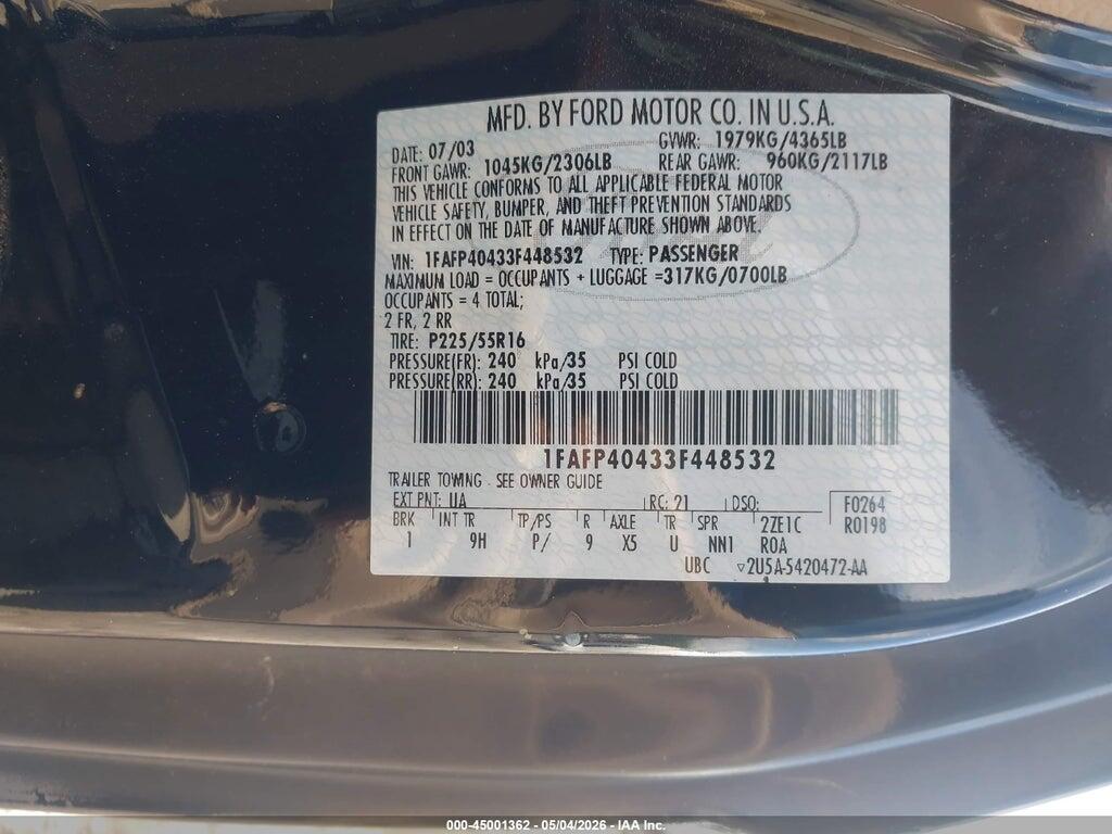 1FAFP40433F448532 2003 FORD MUSTANG photo no. 9