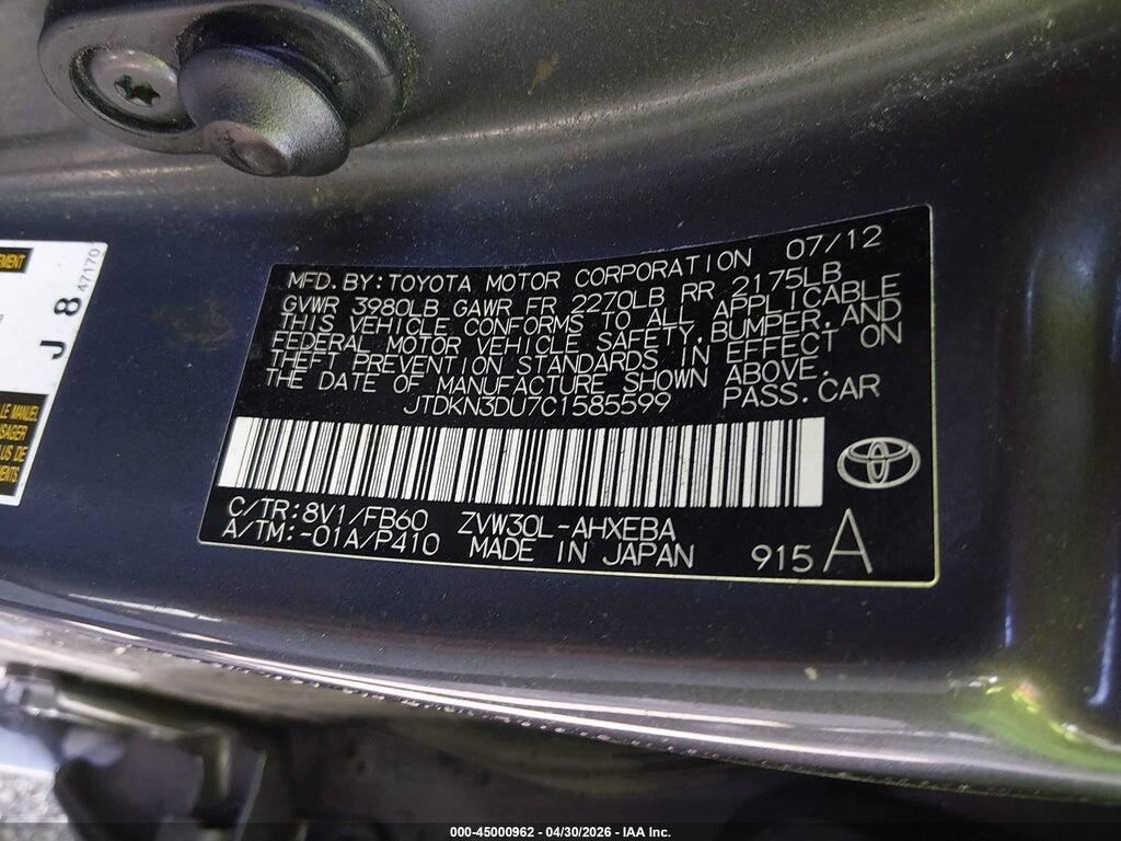 JTDKN3DU7C1585599 2012 TOYOTA PRIUS photo no. 9