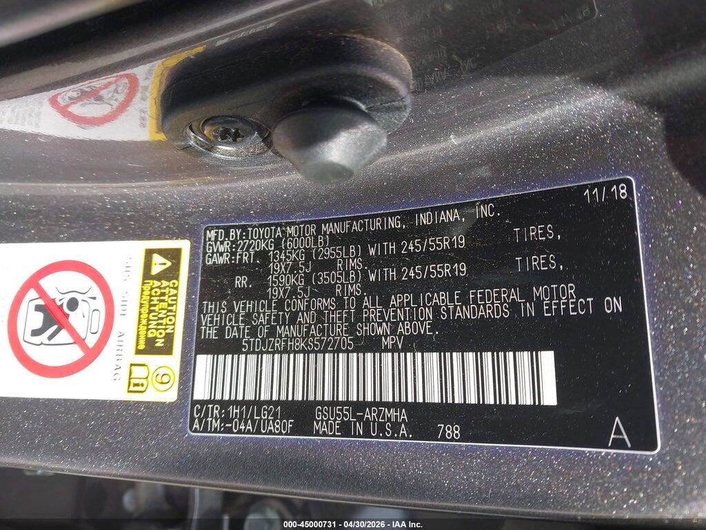 5TDJZRFH8KS572705 2019 TOYOTA HIGHLANDER photo no. 9