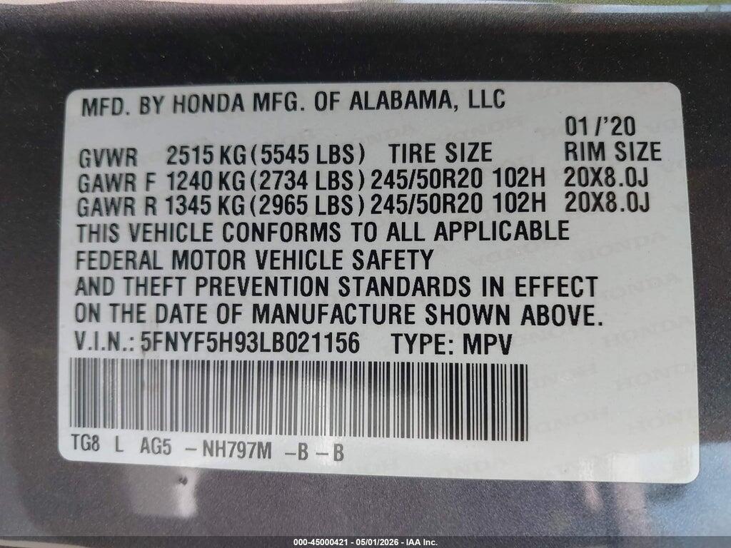 5FNYF5H93LB021156 2020 HONDA PILOT photo no. 9