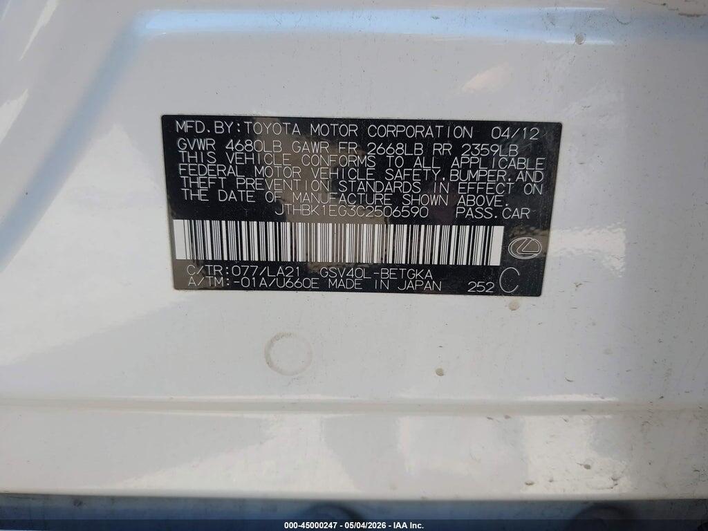 JTHBK1EG3C2506590 2012 LEXUS ES 350 photo no. 9