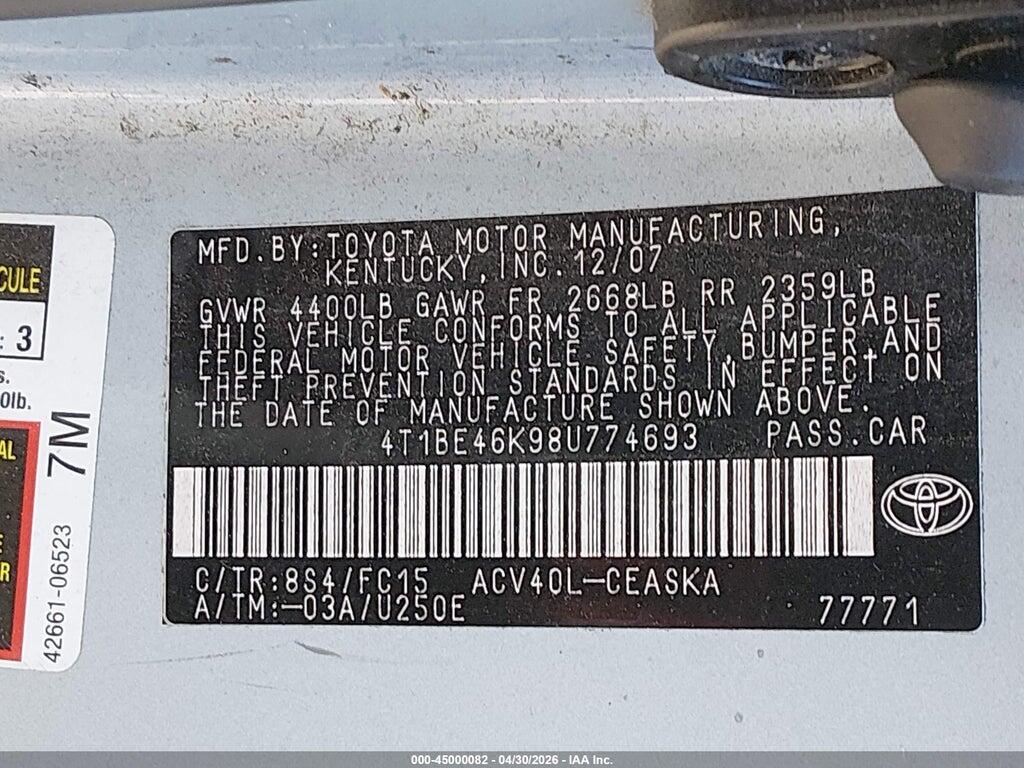 4T1BE46K98U774693 2008 TOYOTA CAMRY photo no. 9