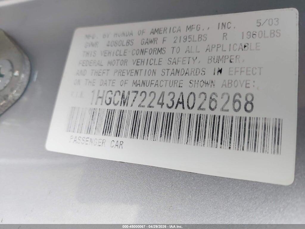 1HGCM72243A026268 2003 HONDA ACCORD photo no. 9