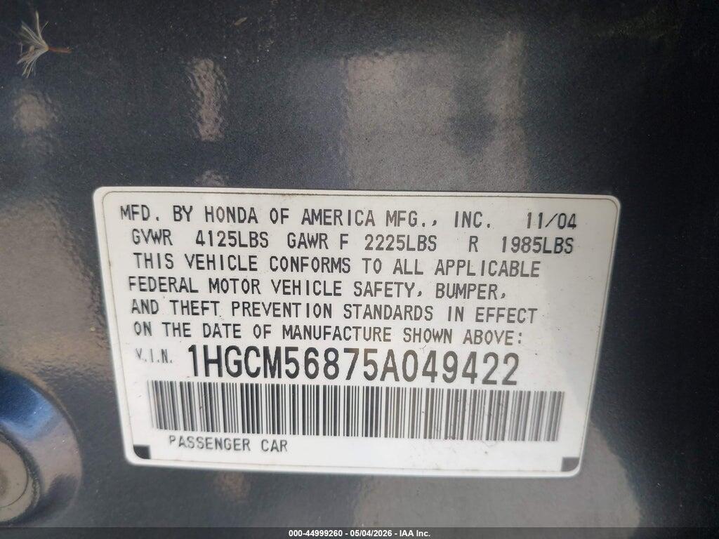 1HGCM56875A049422 2005 HONDA ACCORD photo no. 9