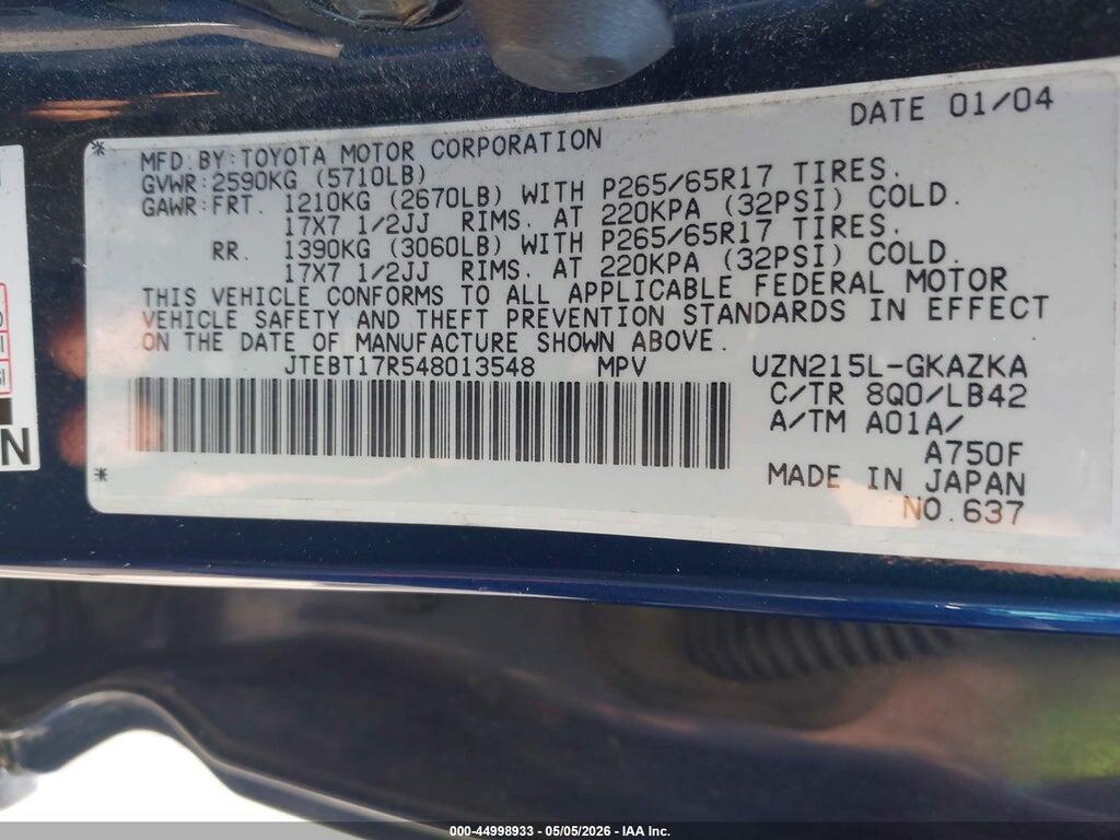 JTEBT17R548013548 2004 TOYOTA 4RUNNER photo no. 9