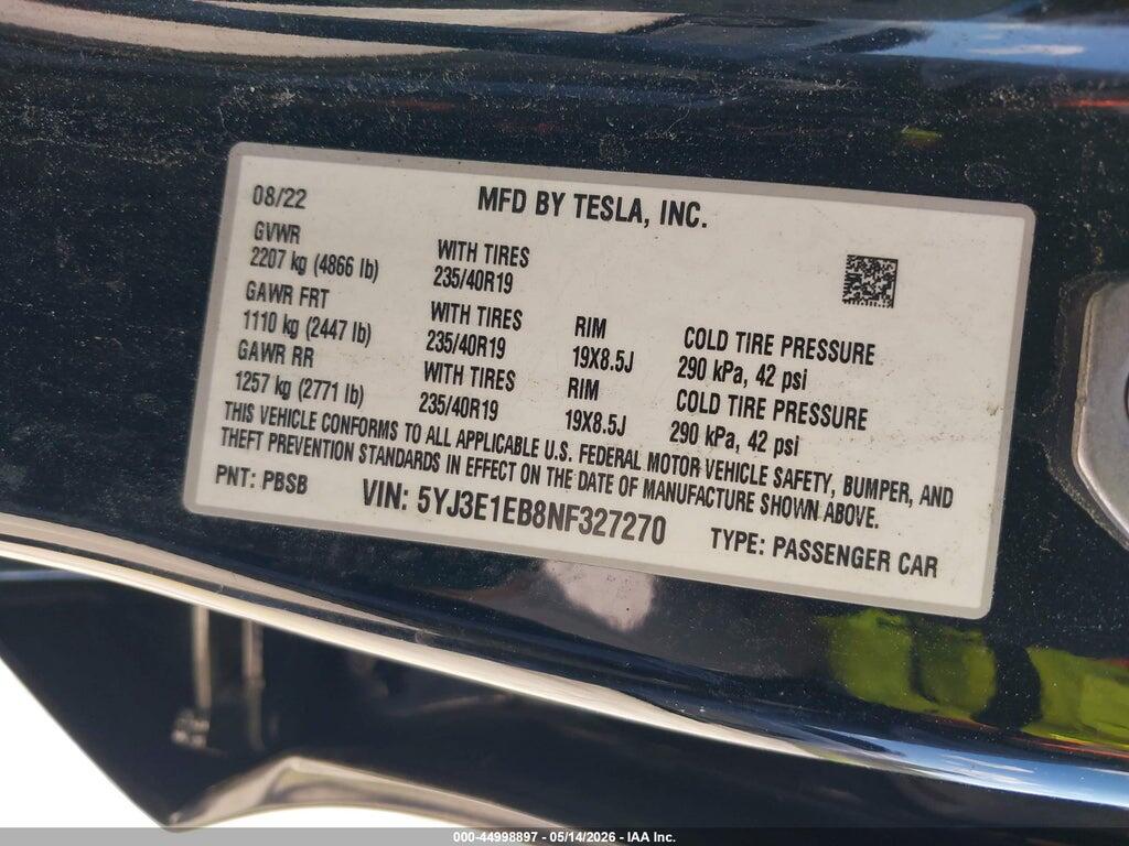 5YJ3E1EB8NF327270 2022 TESLA MODEL 3 photo no. 9