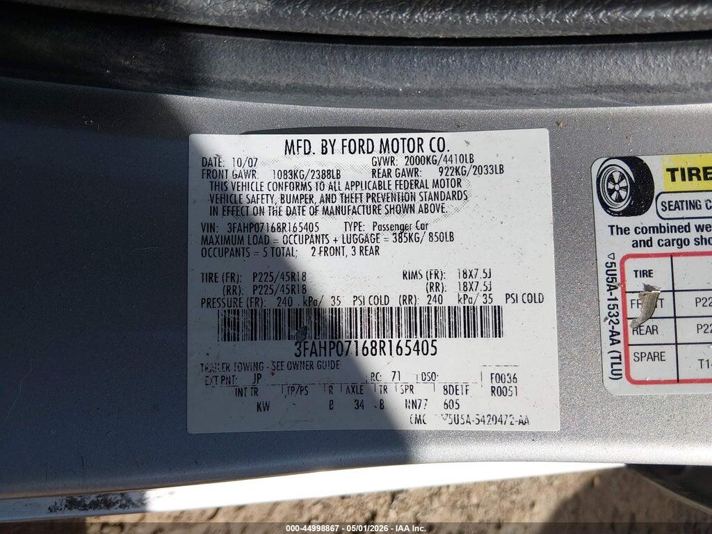 3FAHP07168R165405 2008 FORD FUSION photo no. 9