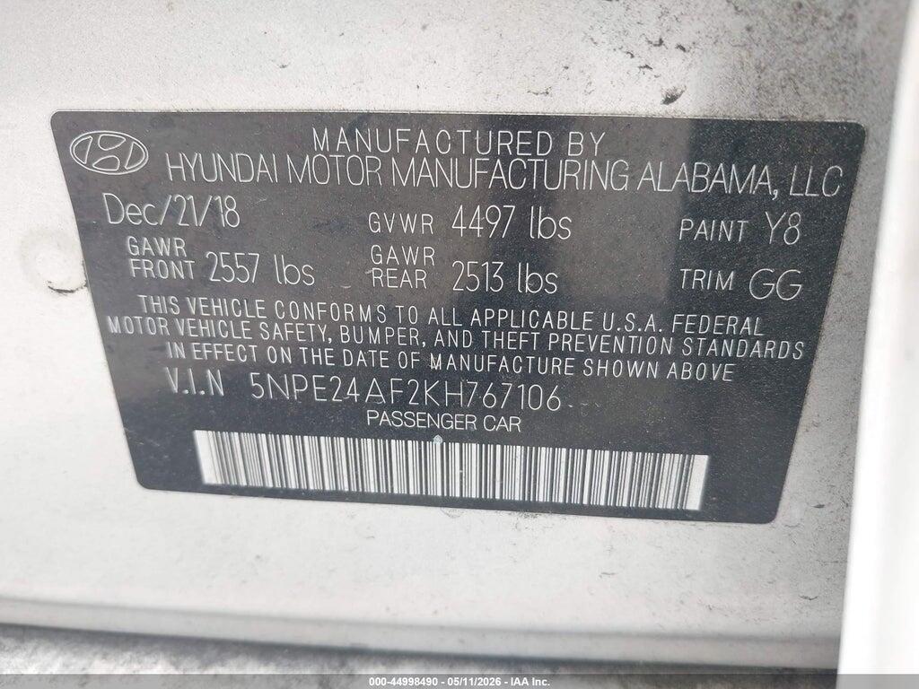 5NPE24AF2KH767106 2019 HYUNDAI SONATA photo no. 9