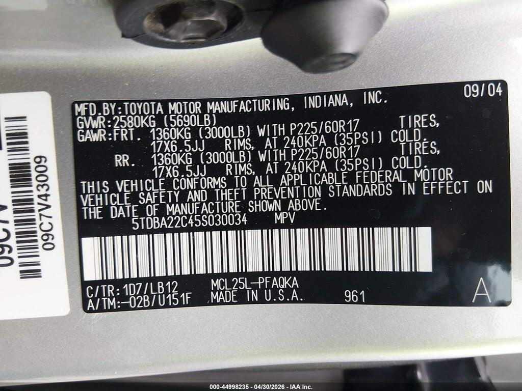 5TDBA22C45S030034 2005 TOYOTA SIENNA photo no. 9