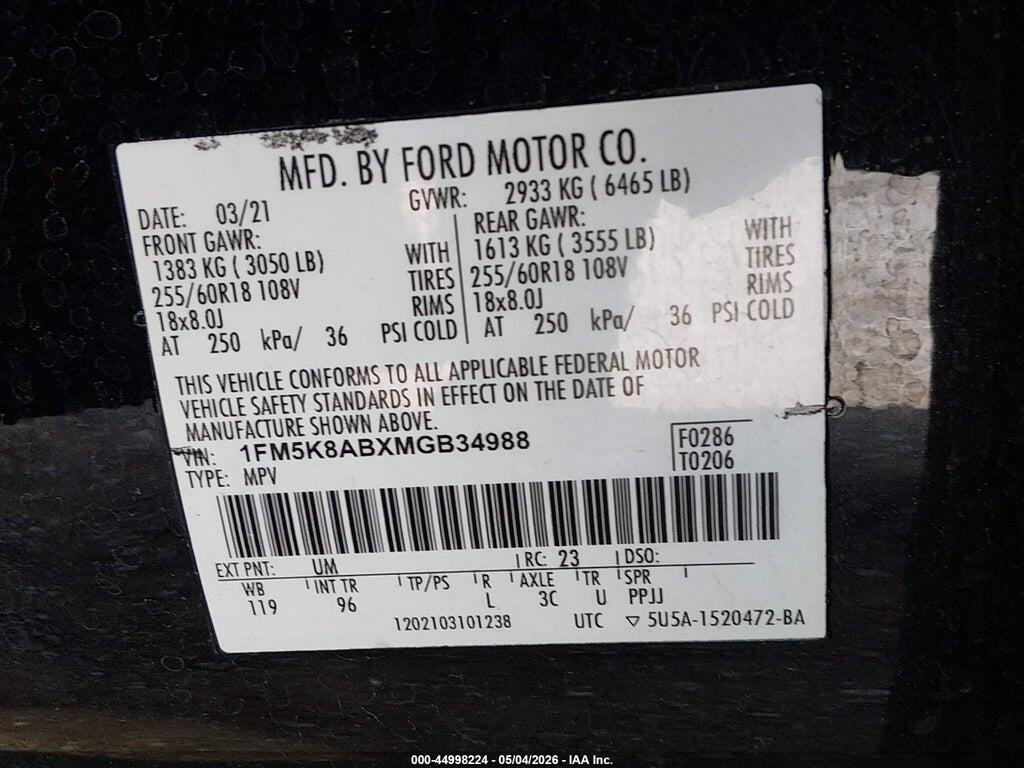 1FM5K8ABXMGB34988 2021 FORD POLICE INTERCEPTOR UTILITY photo no. 9