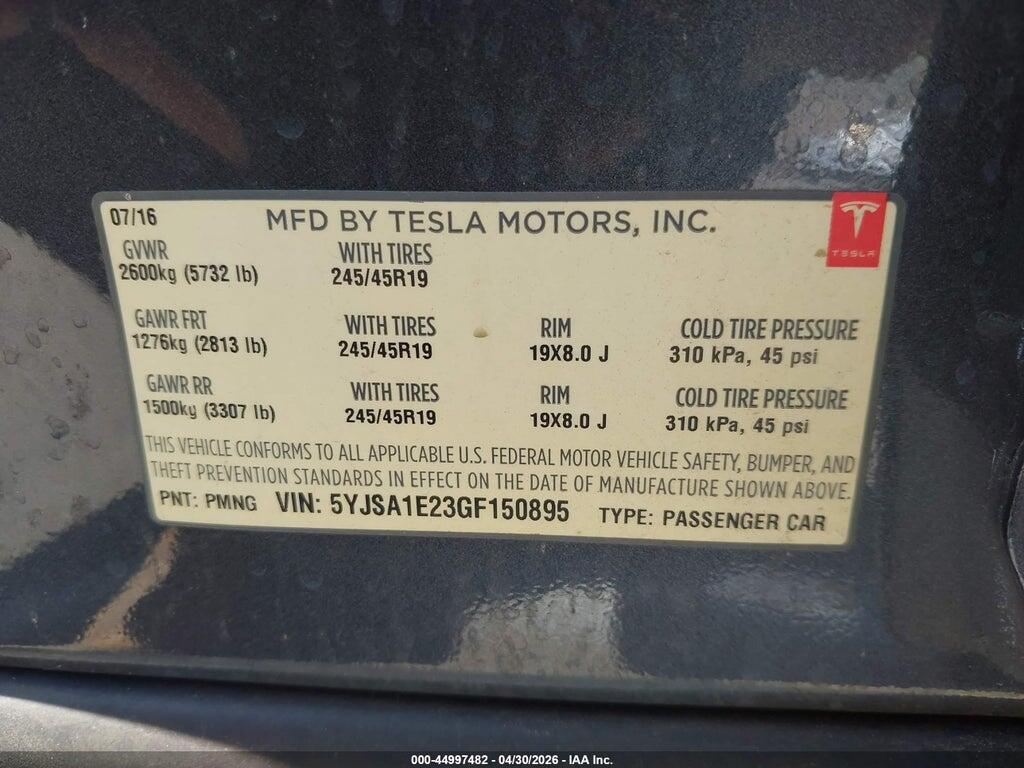 5YJSA1E23GF150895 2016 TESLA MODEL S photo no. 9
