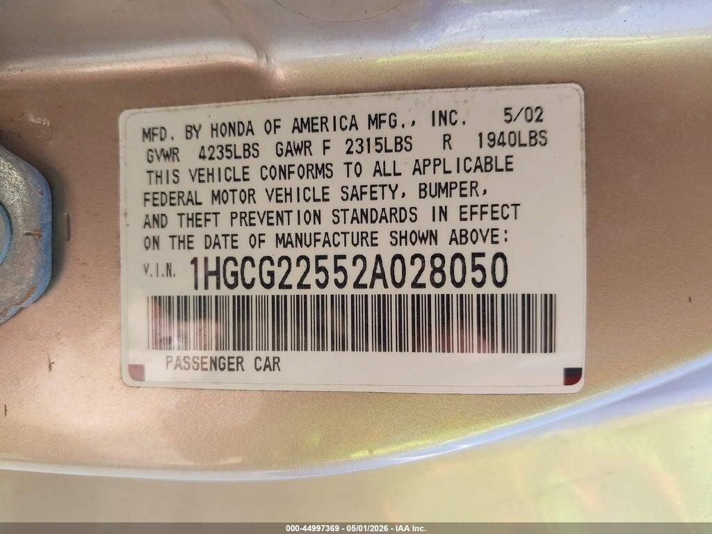 1HGCG22552A028050 2002 HONDA ACCORD photo no. 9