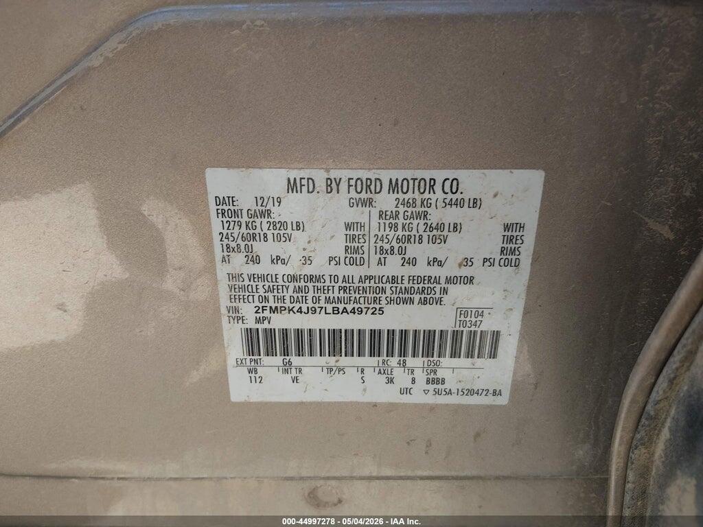 2FMPK4J97LBA49725 2020 FORD EDGE photo no. 9