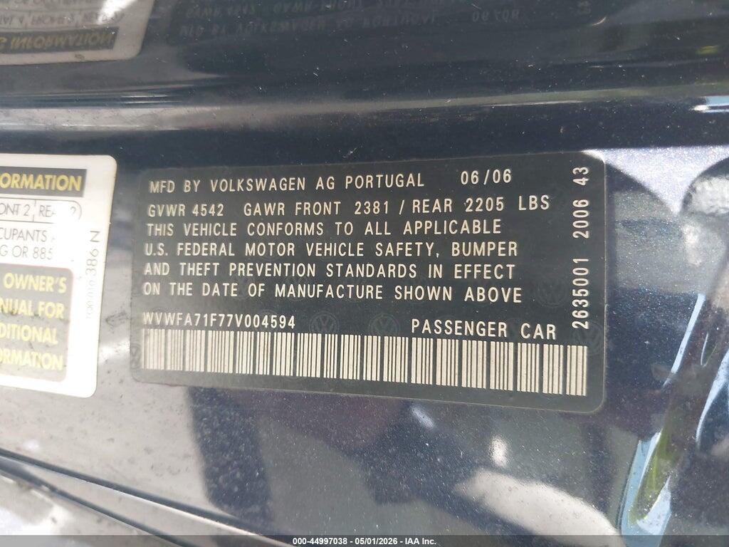 WVWFA71F77V004594 2007 VOLKSWAGEN EOS photo no. 9