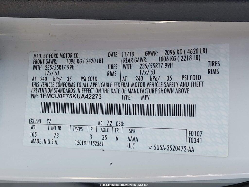 1FMCU0F75KUA42273 2019 FORD ESCAPE photo no. 9