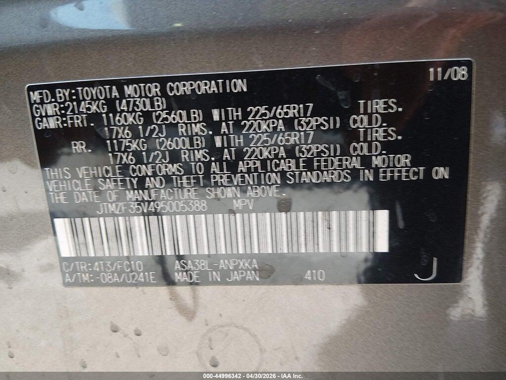 JTMZF35V495005388 2009 TOYOTA RAV4 photo no. 9