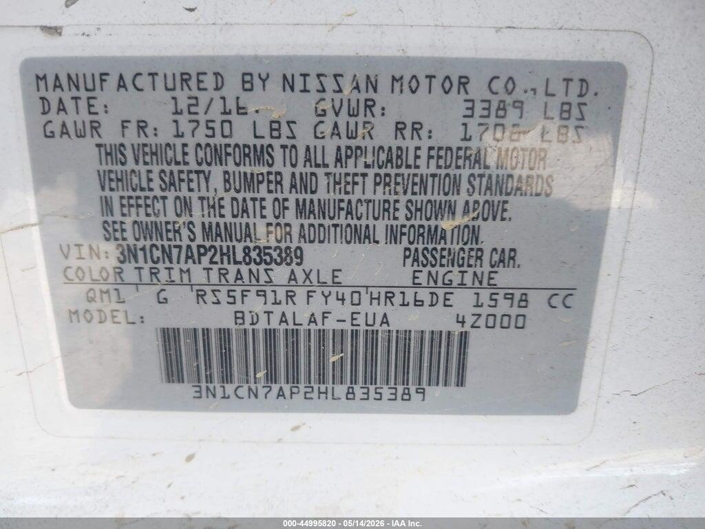 3N1CN7AP2HL835389 2017 NISSAN VERSA photo no. 9