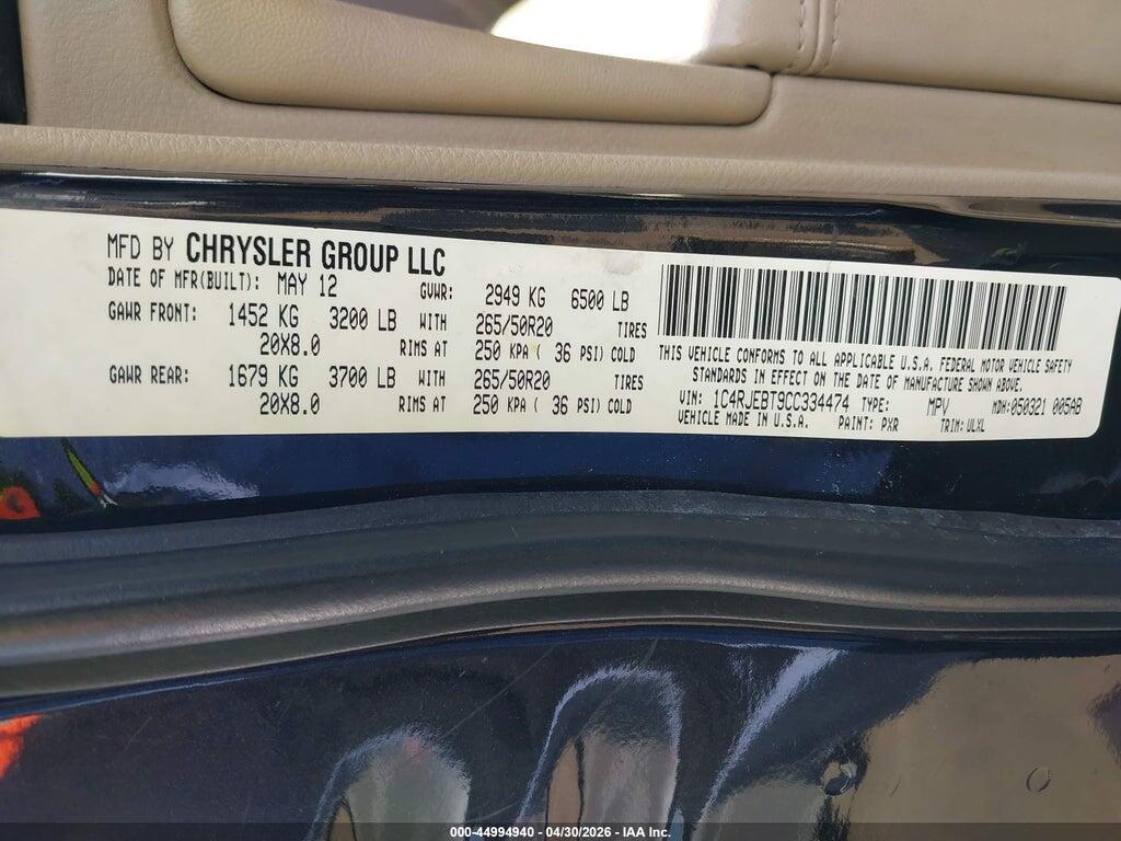 1C4RJEBT9CC334474 2012 JEEP GRAND CHEROKEE photo no. 9