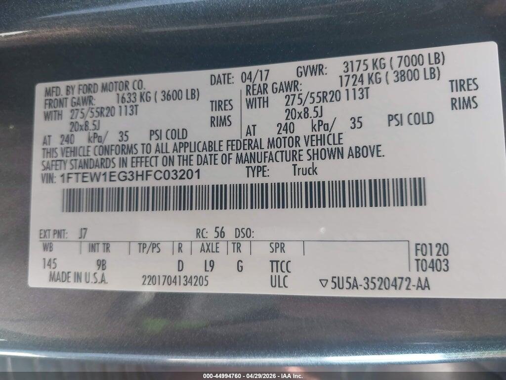 1FTEW1EG3HFC03201 2017 FORD F-150 photo no. 9