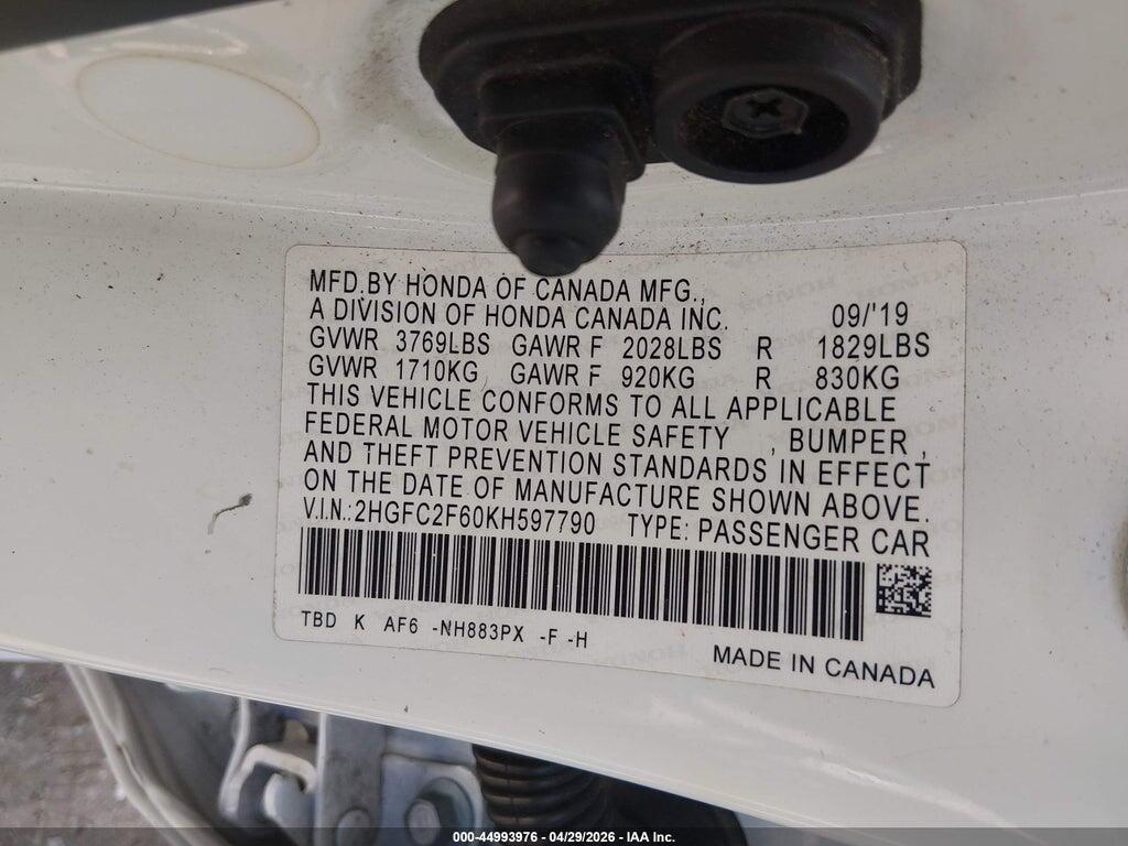 2HGFC2F60KH597790 2019 HONDA CIVIC photo no. 9