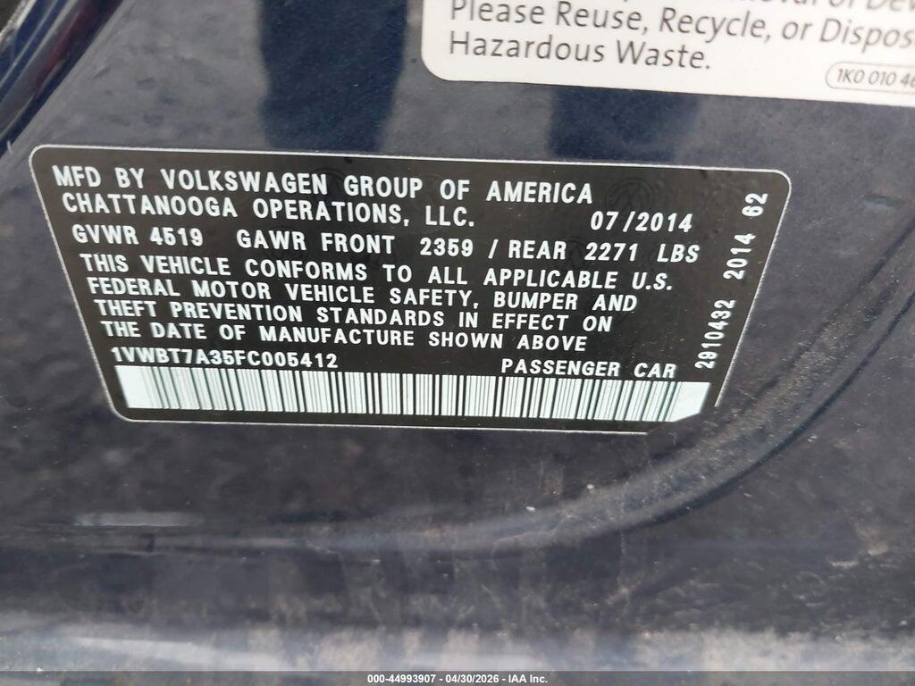 1VWBT7A35FC005412 2015 VOLKSWAGEN PASSAT photo no. 9