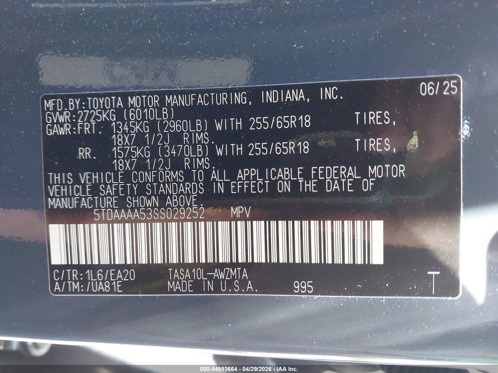 5TDAAAA53SS029252 2025 TOYOTA GRAND HIGHLANDER photo no. 9