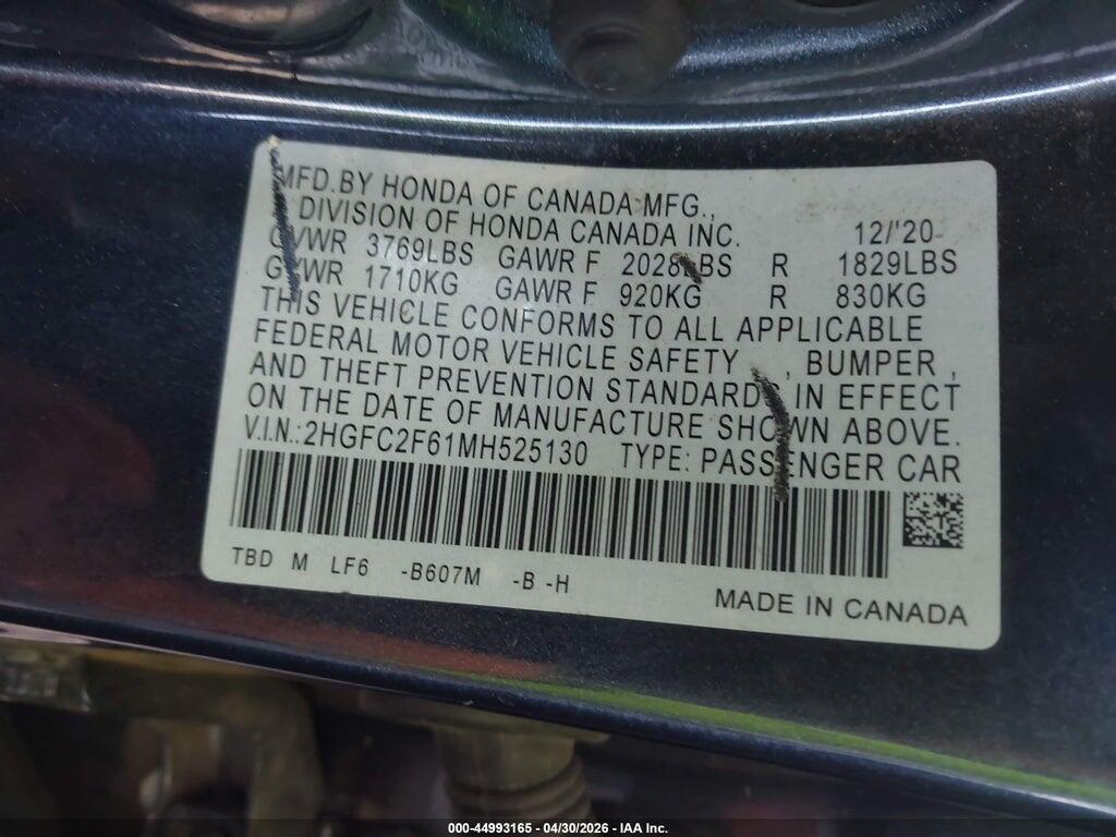 2HGFC2F61MH525130 2021 HONDA CIVIC photo no. 9