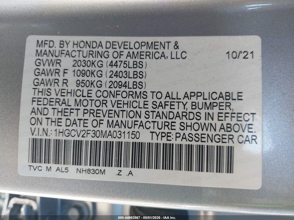 1HGCV2F30MA031150 2021 HONDA ACCORD photo no. 9