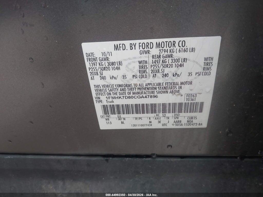 1FMHK7D80CGA47896 2012 FORD EXPLORER photo no. 9