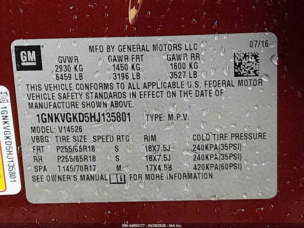 1GNKVGKD5HJ135801 2017 CHEVROLET TRAVERSE photo no. 9