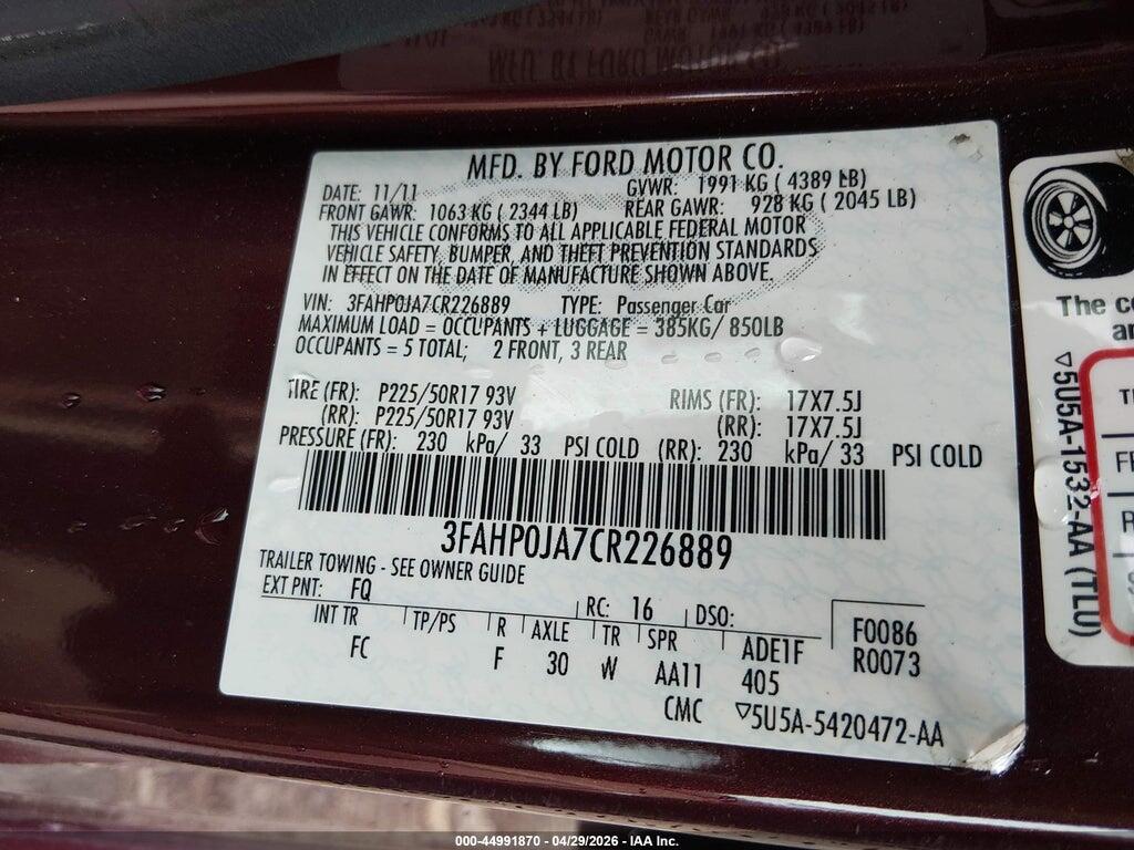 3FAHP0JA7CR226889 2012 FORD FUSION photo no. 9