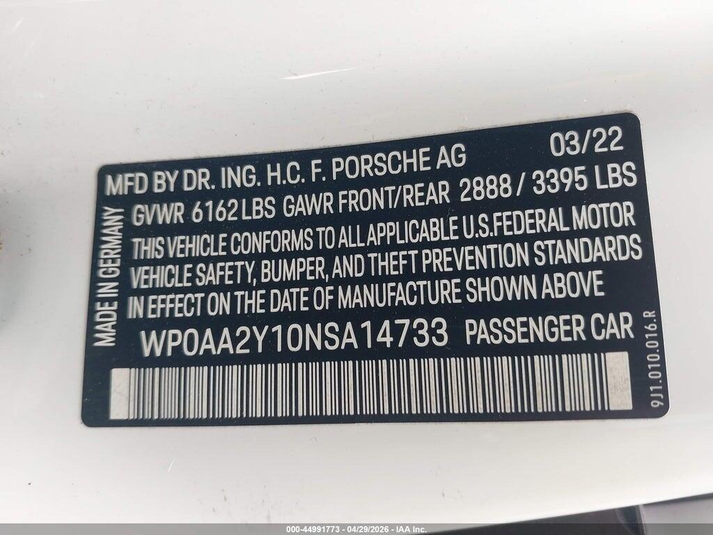 WP0AA2Y10NSA14733 2022 PORSCHE TAYCAN photo no. 9