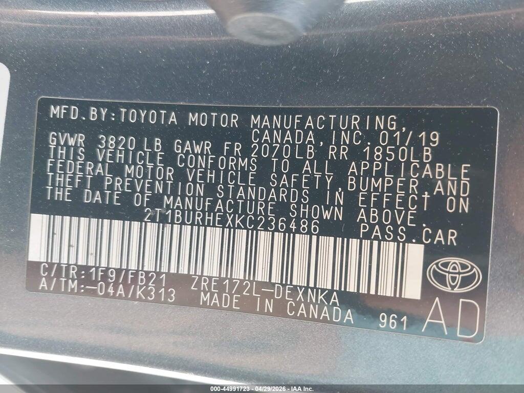 2T1BURHEXKC236486 2019 TOYOTA COROLLA photo no. 9