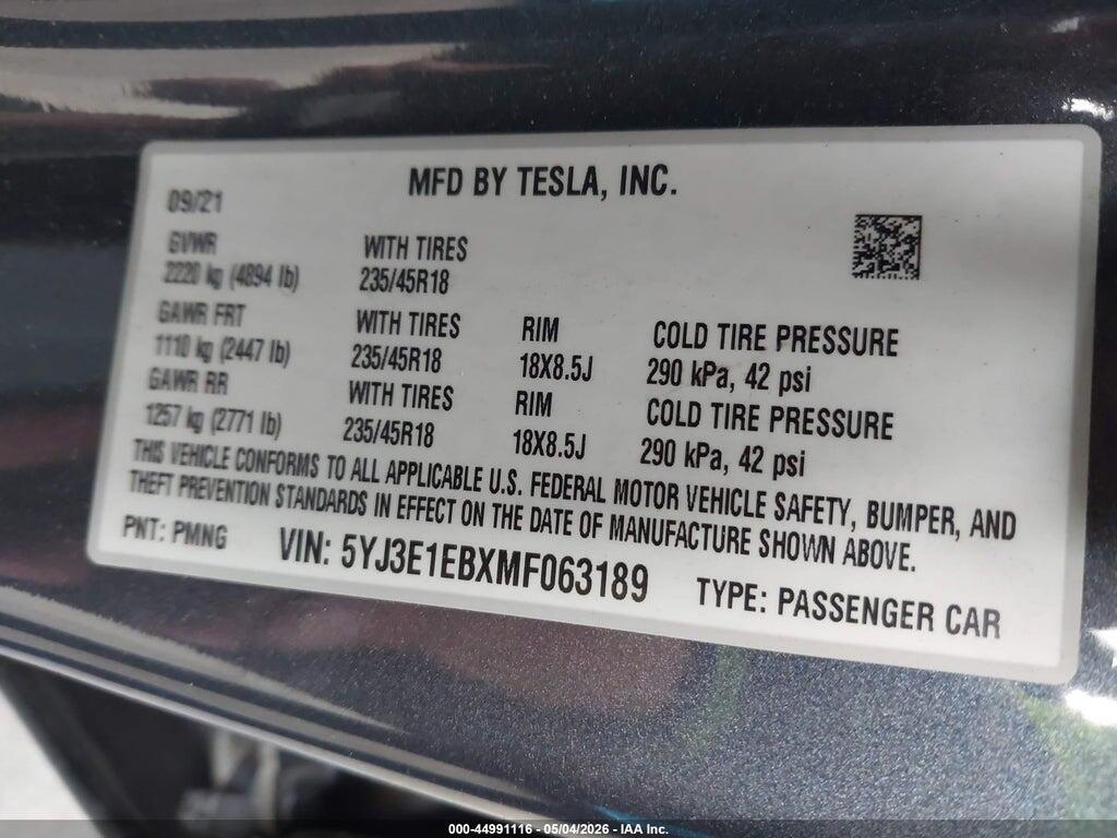 5YJ3E1EBXMF063189 2021 TESLA MODEL 3 photo no. 9