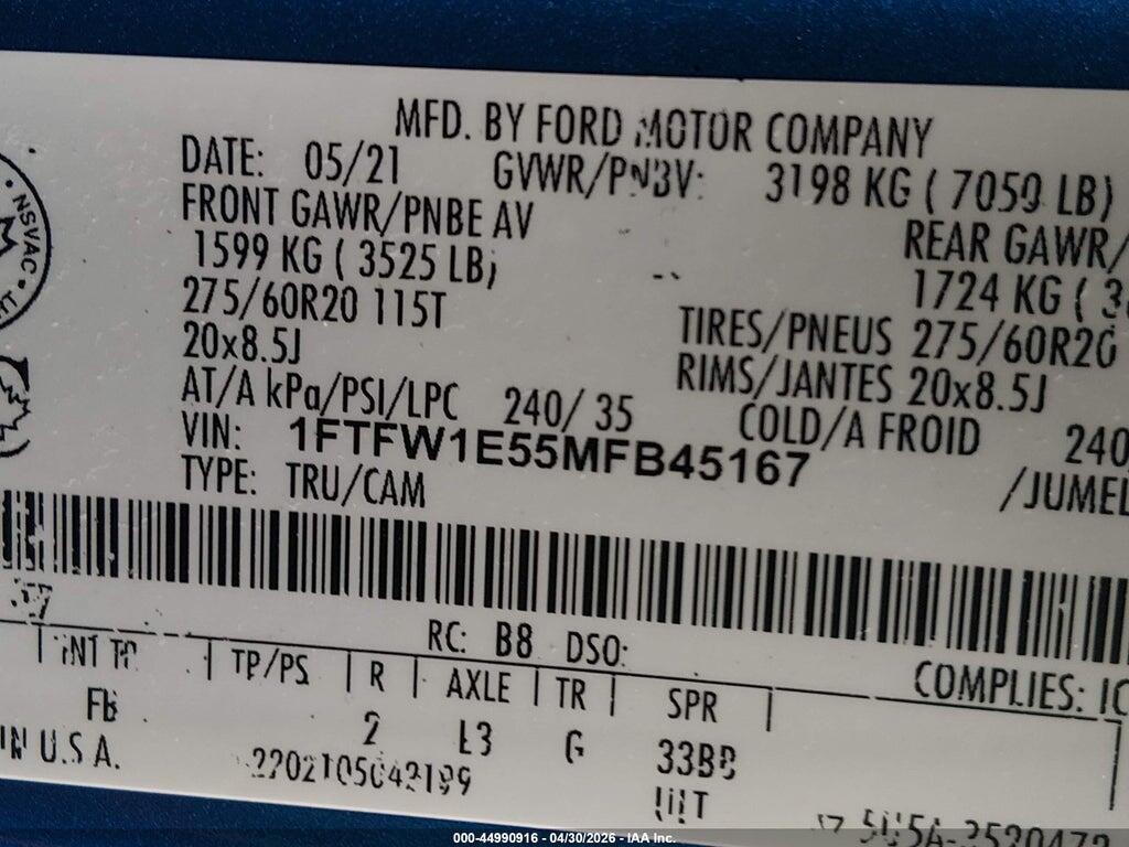 1FTFW1E55MFB45167 2021 FORD F-150 photo no. 9