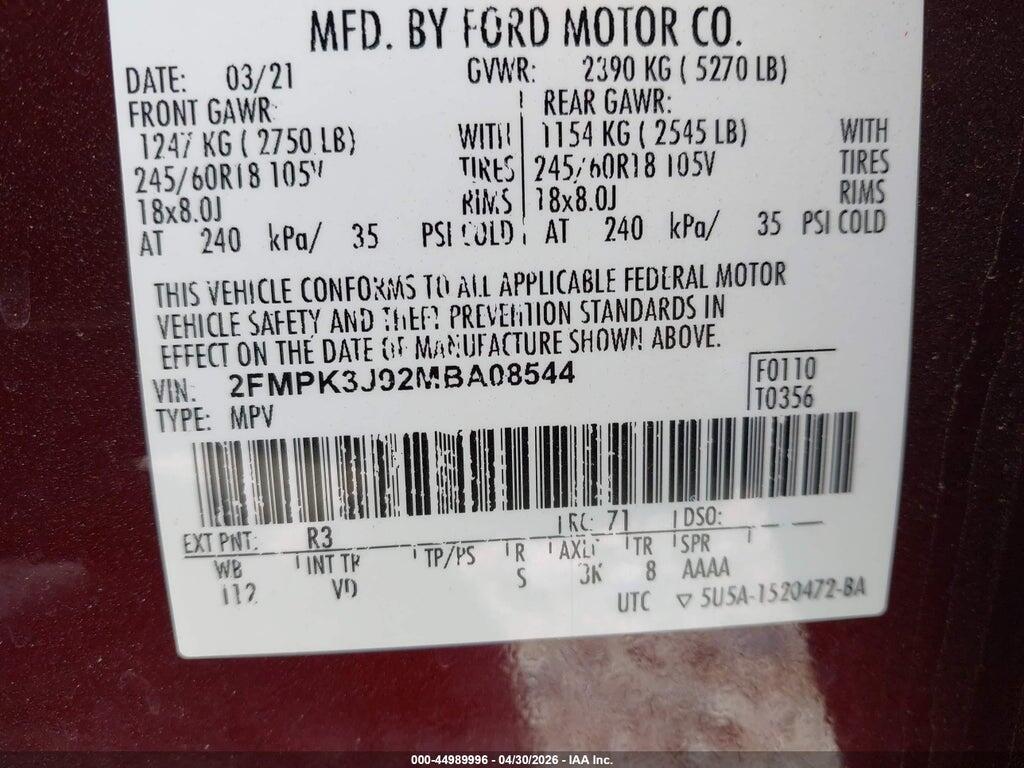 2FMPK3J92MBA08544 2021 FORD EDGE photo no. 9