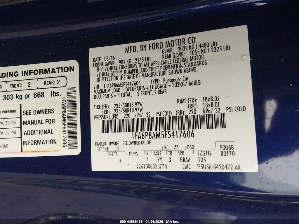 1FA6P8AM5F5417606 2015 FORD MUSTANG photo no. 9
