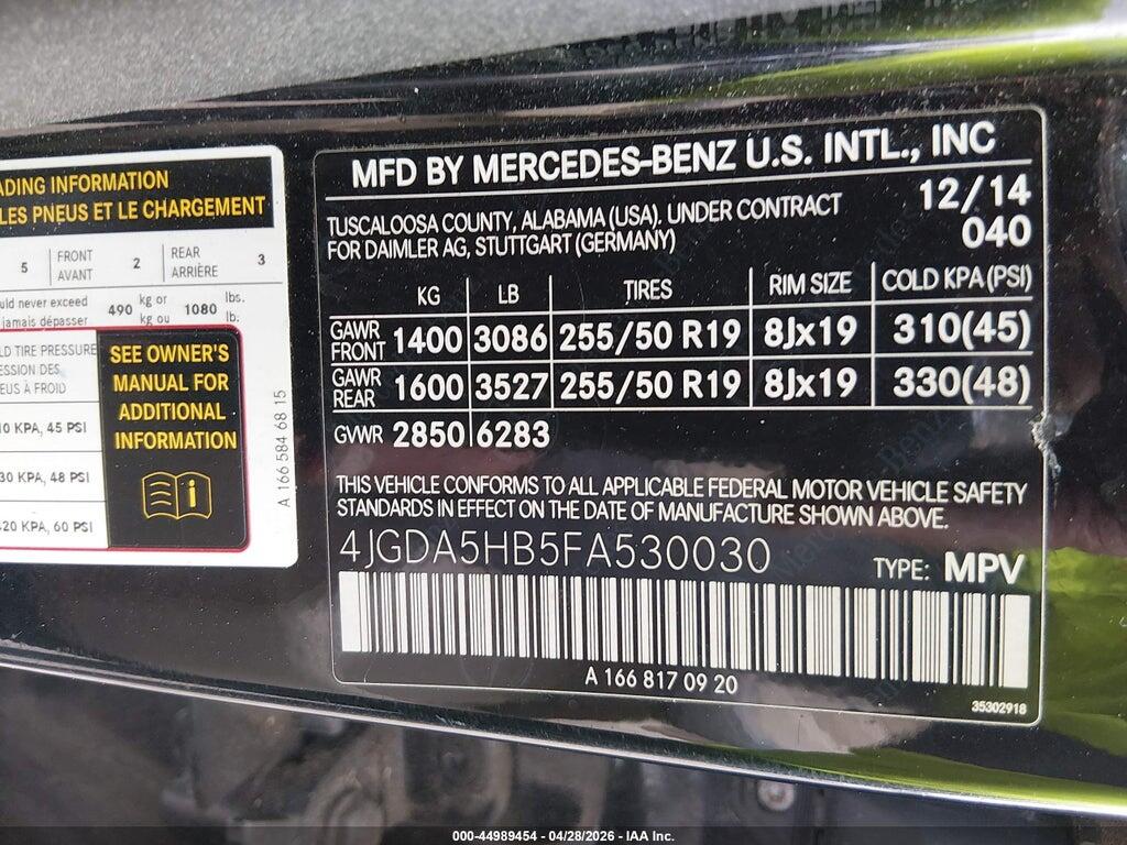 4JGDA5HB5FA530030 2015 MERCEDES-BENZ ML 350 photo no. 9