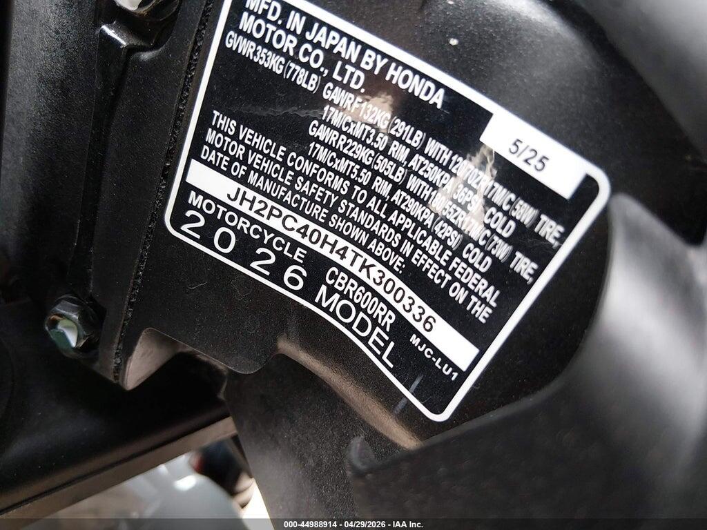 JH2PC40H4TK300336 2026 HONDA CBR600 photo no. 10
