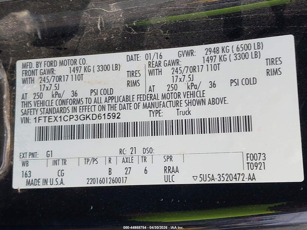 1FTEX1CP3GKD61592 2016 FORD F-150 photo no. 9