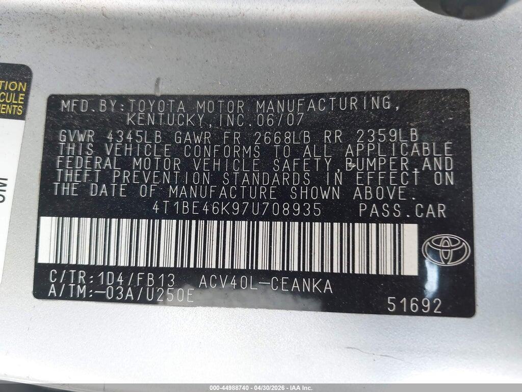 4T1BE46K97U708935 2007 TOYOTA CAMRY photo no. 9