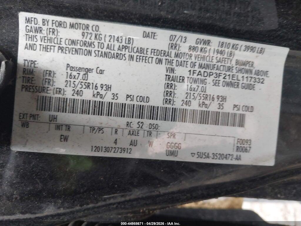 1FADP3F21EL117332 2014 FORD FOCUS photo no. 9