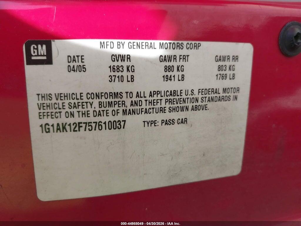 1G1AK12F757610037 2005 CHEVROLET COBALT photo no. 9