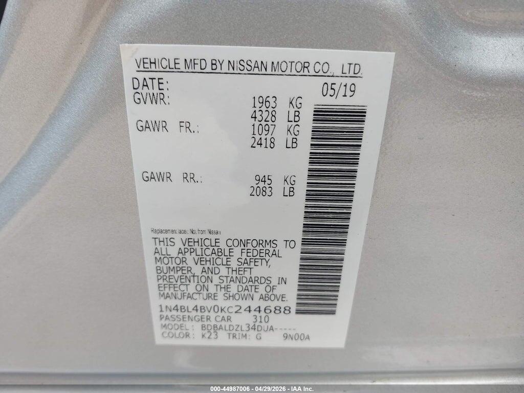 1N4BL4BV0KC244688 2019 NISSAN ALTIMA photo no. 9