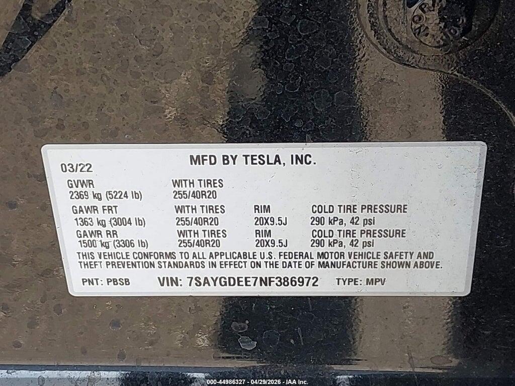 7SAYGDEE7NF386972 2022 TESLA MODEL Y photo no. 9