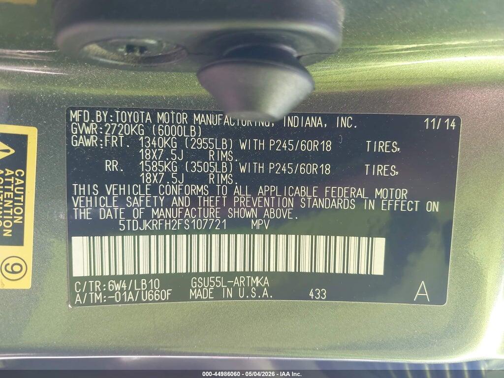 5TDJKRFH2FS107721 2015 TOYOTA HIGHLANDER photo no. 9