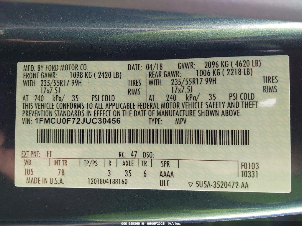 1FMCU0F72JUC30456 2018 FORD ESCAPE photo no. 9