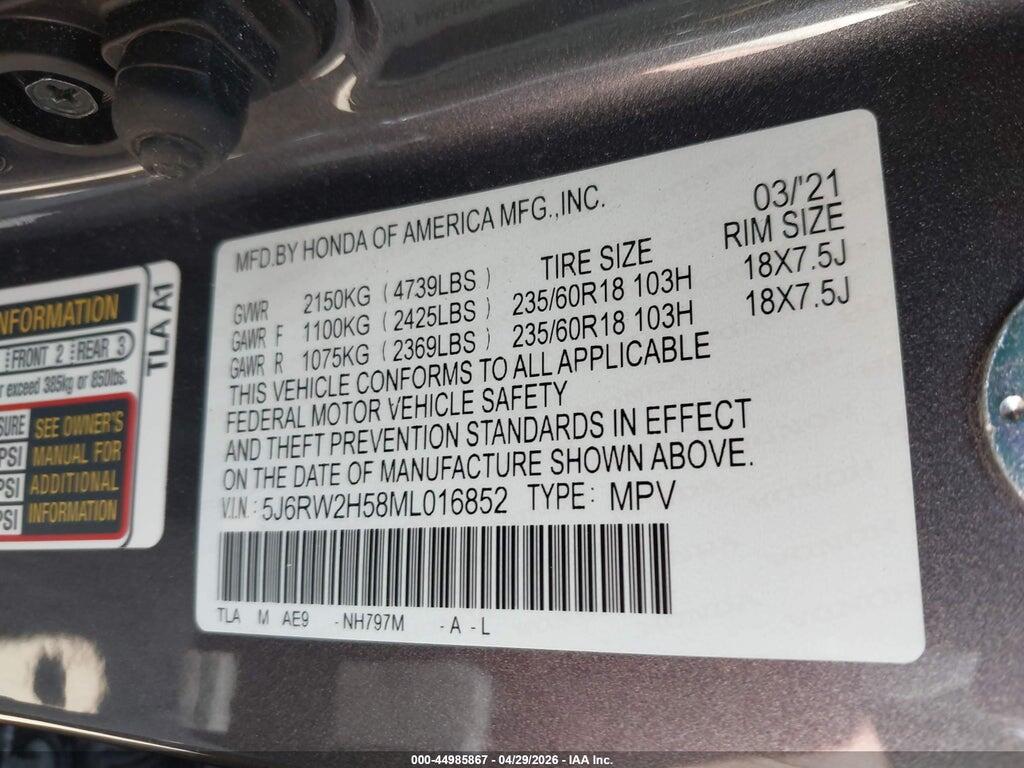 5J6RW2H58ML016852 2021 HONDA CR-V photo no. 9
