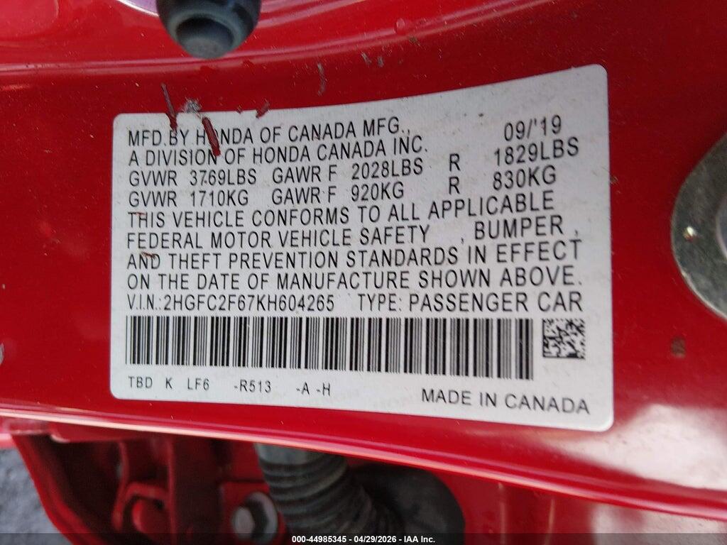 2HGFC2F67KH604265 2019 HONDA CIVIC photo no. 9