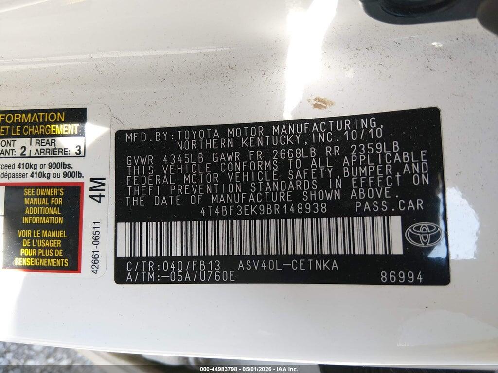 4T4BF3EK9BR148938 2011 TOYOTA CAMRY photo no. 9